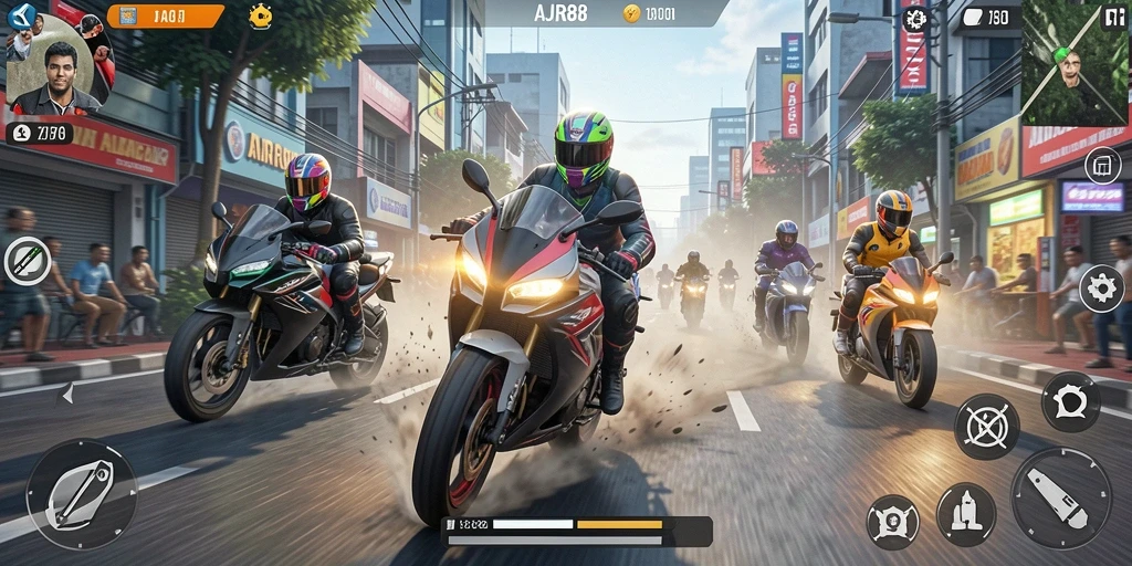 Tampilan gameplay seru dalam balapan motor intens.