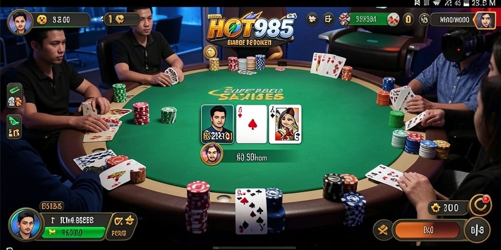 Screenshot gameplay HOT985 menampilkan suasana permainan poker yang mendebarkan.