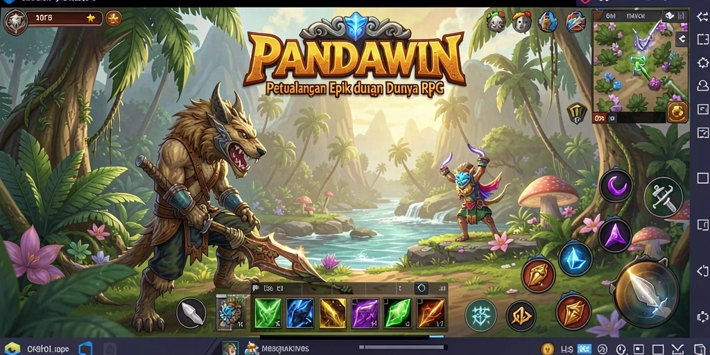 Screenshot gameplay PANDAWIN menunjukkan pertarungan epik antara karakter dalam bentuk RPG.