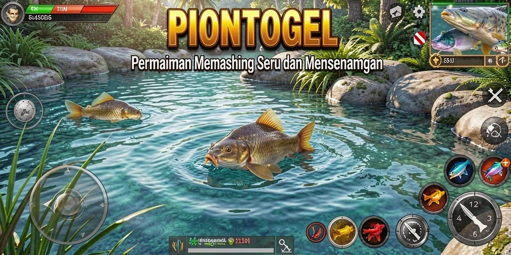 Tampilan gameplay PIONTOGEL dengan berbagai lokasi dan ikan menarik.