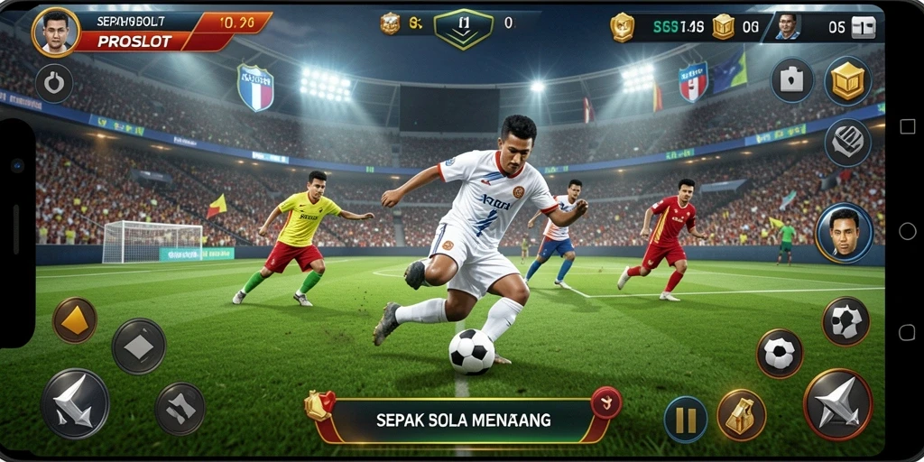 Tangkapan layar PROSLOT menampilkan aksi seru dalam permaian sepak bola.