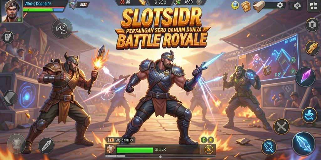 Tangkapan layar gameplay SLOTSIDR dengan aksi pertarungan intens di arena Battle Royale.