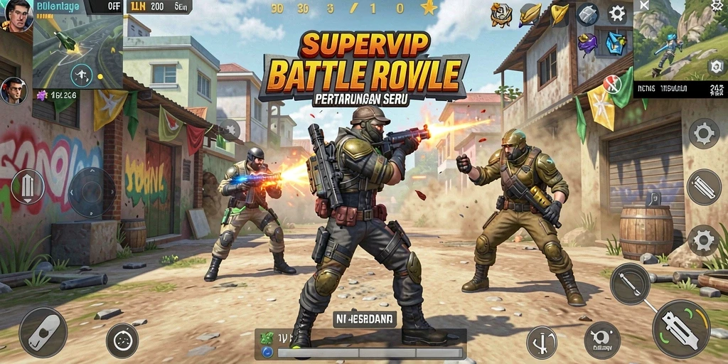 Gameplay SUPERVIP yang intens dalam pertempuran Battle Royale.