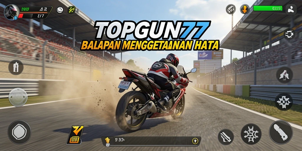 Screenshot menunjukkan aksi balapan motor yang mendebarkan di TOPGUN77.