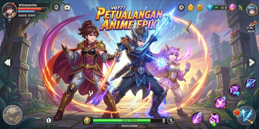 Tampilan gameplay dinamis dengan karakter anime menawan.